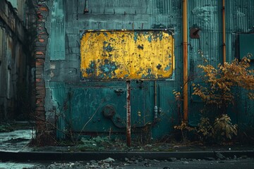 Aged industrial building facade with rusty yellow sign, green corrugated metal walls, and surrounding overgrown plants creating an urban decay aesthetic
