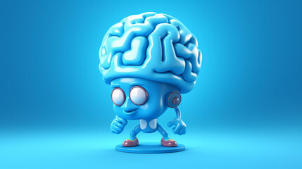 Fun and adorable cartoon character brain with a light bulb, representing creativity and new ideas on a blue background.