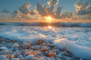 A mesmerizing sunrise over a tranquil beach with dramatic clouds and foamy waves washing over smooth pebbles, capturing the serene beauty of nature's coastal spectacle - Powered by Adobe