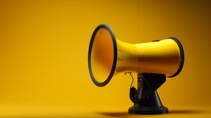 Vibrant yellow bullhorn with a speech bubble emblem laying on the ground in a detailed view. Communication concept.