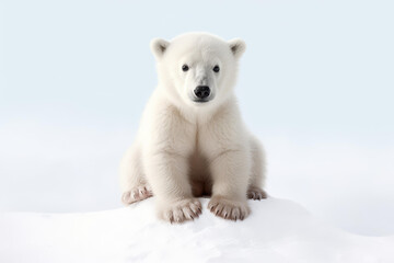 Cute little polar bear enjoying the snow in a white background.