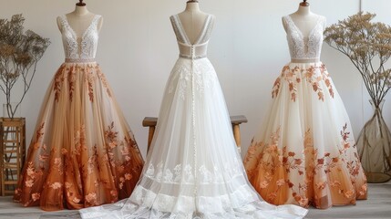 Elegant bridal gowns on display featuring intricate lace detailing, floral embroidery, and flowing skirts in soft shades, perfect for a dreamy wedding setting