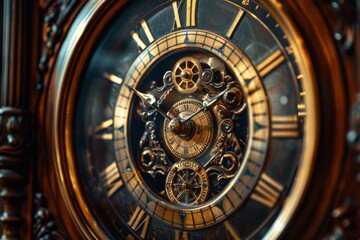 An intricately designed antique mechanical clock with detailed gears and Roman numerals, showcasing exquisite craftsmanship in golden hues
