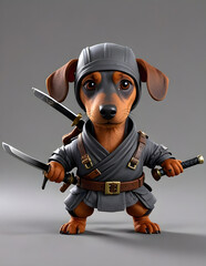3D animated Cute Cartoon the Dachshund Ninja Assassin 3D Rendered on Gray Background.