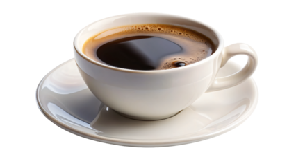 A white mug filled with a steaming coffee drink, sits on a white saucer