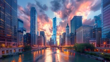 Fototapeta premium Towering Metropolis:A Dynamic Skyline Reflecting the Pulse of a Modern Financial Center