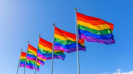 Vibrant Pride Flags Symbolizing Diversity and Equality Against a Clear Blue Sky