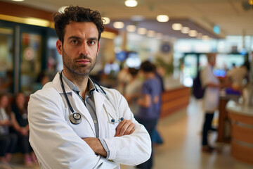 Male doctor with a stethoscope, standing with arms crossed in a busy hospital reception area.
