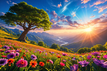 Fototapeta premium Vibrant and colorful landscape with a field of flowers, a large tree, and a mountainous backdrop under a clear sky.
