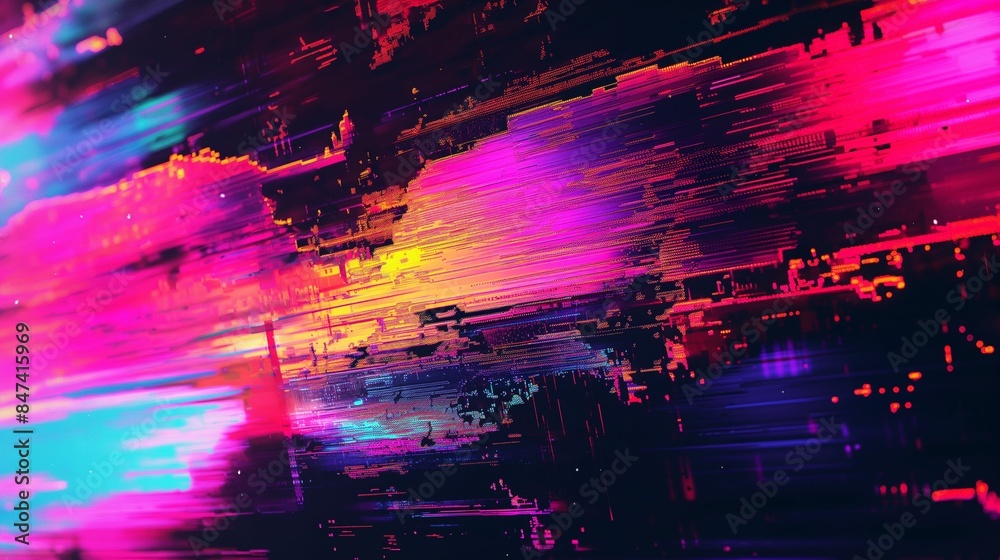 Wall mural abstract digital art with vibrant pink, purple, and blue streaks and reflections.