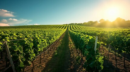 Fototapeta premium Rows of grapevines in a vineyard at sunset.