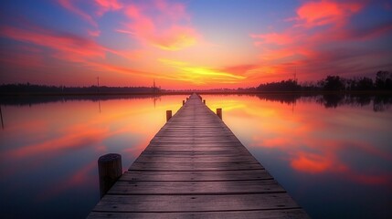 Fototapeta premium Wooden pier extending into calm water at sunset with vibrant sky reflections.