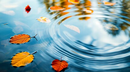 Autumn leaves floating on water with gentle ripples.