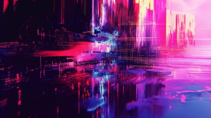 Obraz premium Abstract digital art with vibrant pink, purple, and blue streaks and reflections.