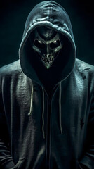 

A man wearing a hoodie and a strange mask in dim lighting, exuding mystery and intrigue.