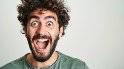 Funny expression of man with curly hair and beard making faces, travel in style with a twist