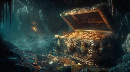 Open treasure chest filled with gold coins in a dark cave.