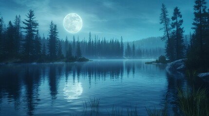 Fototapeta premium Full moon over a serene forest lake at night.
