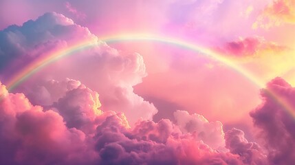 Colorful clouds with a rainbow in the sky.