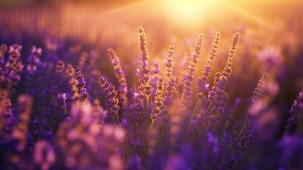 Lavender field at sunset with warm sunlight.
