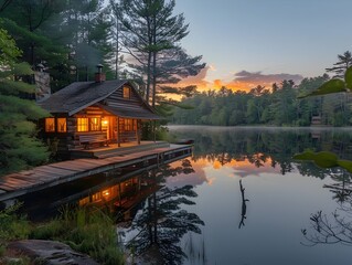 Obraz premium Tranquil Lakeside Retreat with Reflecting Waters and Surrounding Forest Landscape