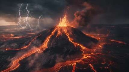 Active volcano erupting with lava flows and lightning in the sky.
