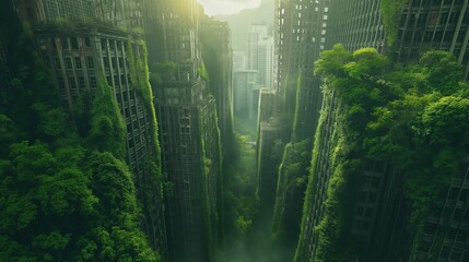 Overgrown abandoned city buildings with sunlight.
