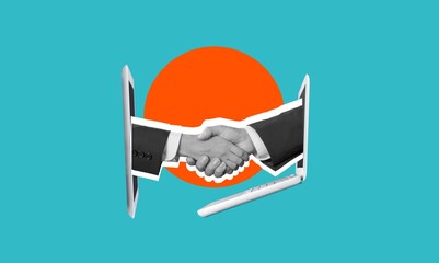 A transaction between partners from a computer  and a smartphone.