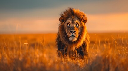 Majestic Lion Standing Tall in the Vast African Savanna,Captivating Cinematic Landscape