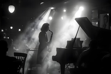 Fototapeta premium Intimate Jazz Club Performance with Moody Chiaroscuro Lighting and Vintage Aesthetic