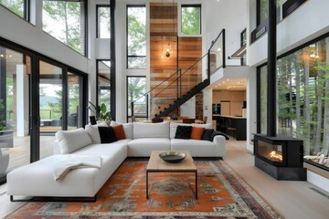 Modern living room with Scandinavian interior design, featuring sleek and minimalist elements for a cozy ambiance