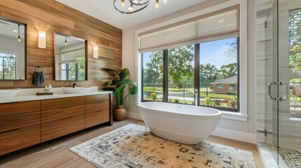 Modern bathroom with wood paneling and bathtub with large window in the middle of the room