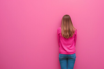 Fototapeta premium Back view of a young woman standing in front of a pink wall