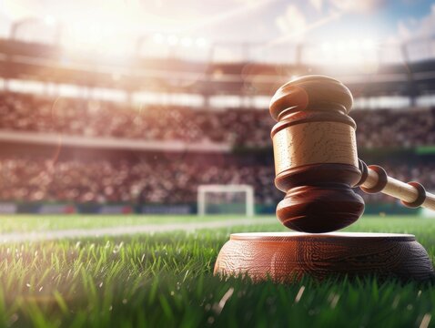 Legal Gavel on Sports Stadium Background with Copy Space: Concept Sports Law, Taxes, Transfers, Soccer, Footbal - ai