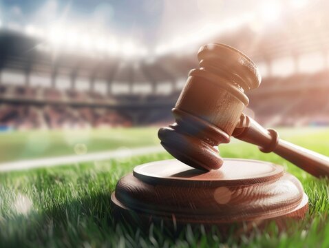 Legal Gavel on Sports Stadium Background with Copy Space: Concept Sports Law, Taxes, Transfers, Soccer, Footbal - ai