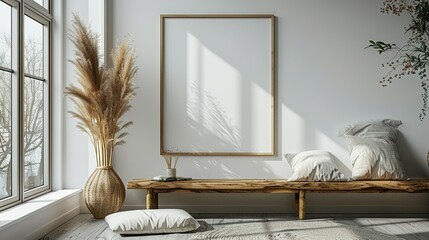 Rustic Charm: Mockup Frame in White Room with Natural Wood Elements