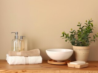 Different bath accessories and houseplant on wooden table against beige background, closeup. Space for text - ai