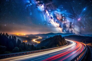 Fototapeta premium Amazing Long Exposure Shot Of A Winding Road Through The Mountains At Night With A Beautiful Starry Sky And Clouds.