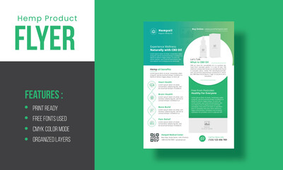 Hemp CBD Oil Flyer Template With Leaflet Poster Layout Design | Business Advertisement Flyer | Editable Organized Layer A4 Size Template