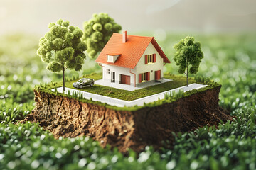 Detailed 3d illustration featuring a location icon on green land, symbolizing a real estate investment and an area for a construction project, with a cutaway section of land