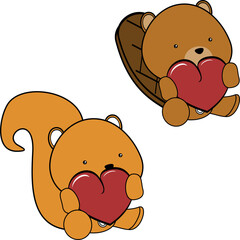 cute chibi baby animals cartoon love pack collection holding red heart in vector format