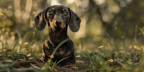 a cute little black dachshund dog Tiny canine on grass 
