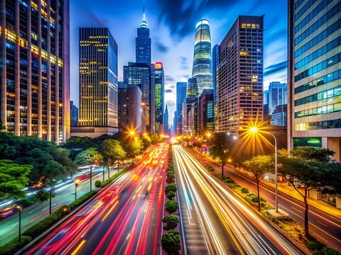 City Lights And Traffic Trails At Night Making A Beautiful Long Exposure Photo With Vibrant Colors