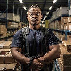Obraz premium Man standing in warehouse with background boxes