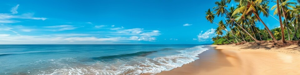 Obraz premium Tropical beach with palm trees and calm ocean waves, under a bright blue sky with scattered clouds. Perfect for travel and vacation themes