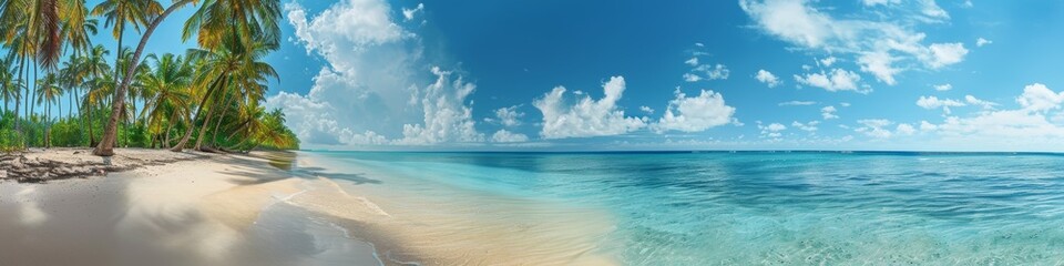 Tropical beach with palm trees and calm ocean waves, under a bright blue sky with scattered clouds. Perfect for travel and vacation themes