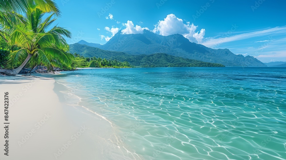 Wall mural tropical beach with palm trees and calm ocean waves, under a bright blue sky with scattered clouds. 