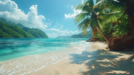 Tropical beach with palm trees and calm ocean waves, under a bright blue sky with scattered clouds. Perfect for travel and vacation themes