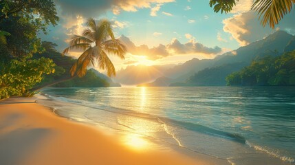 Tropical beach with palm trees and calm ocean waves, under a bright blue sky with scattered clouds. Perfect for travel and vacation themes