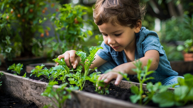 Young boy planning  kneeling dirt